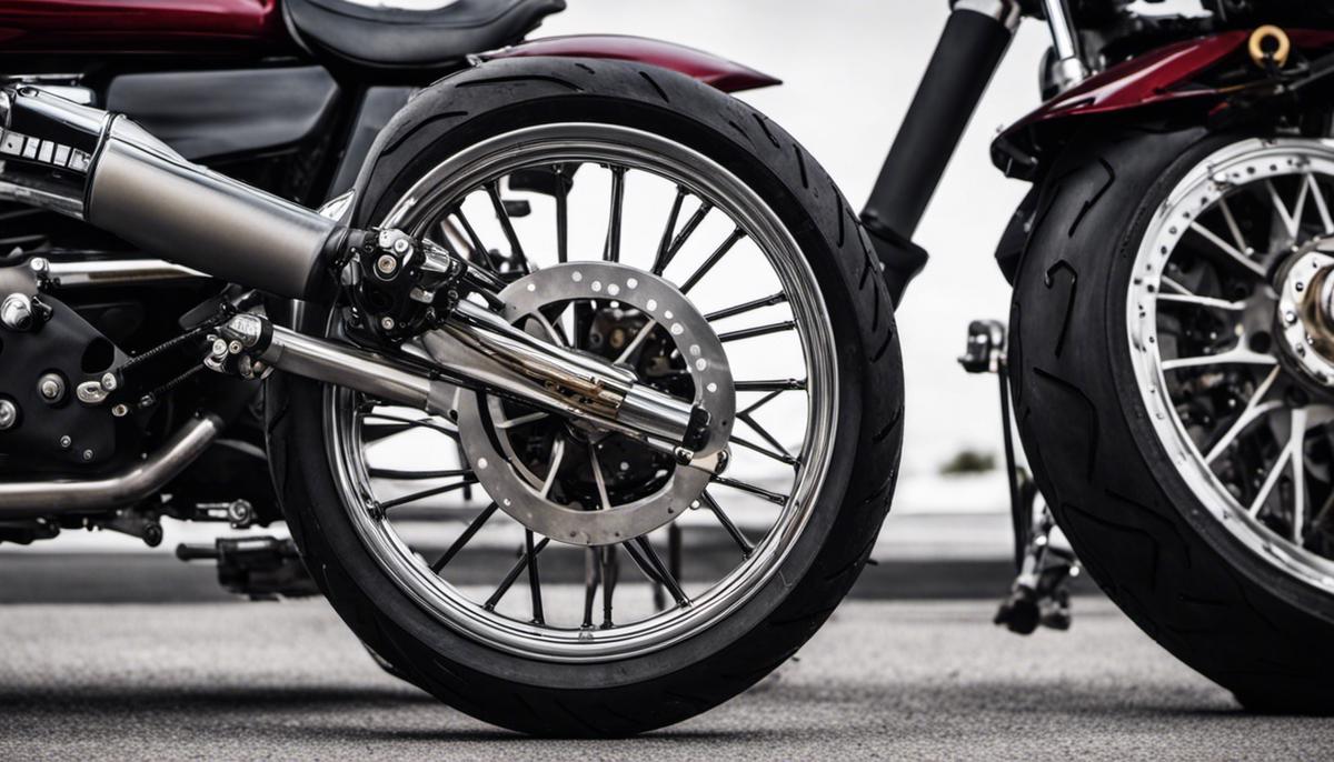 A close-up image of motorcycle wheels and their alignment marks.